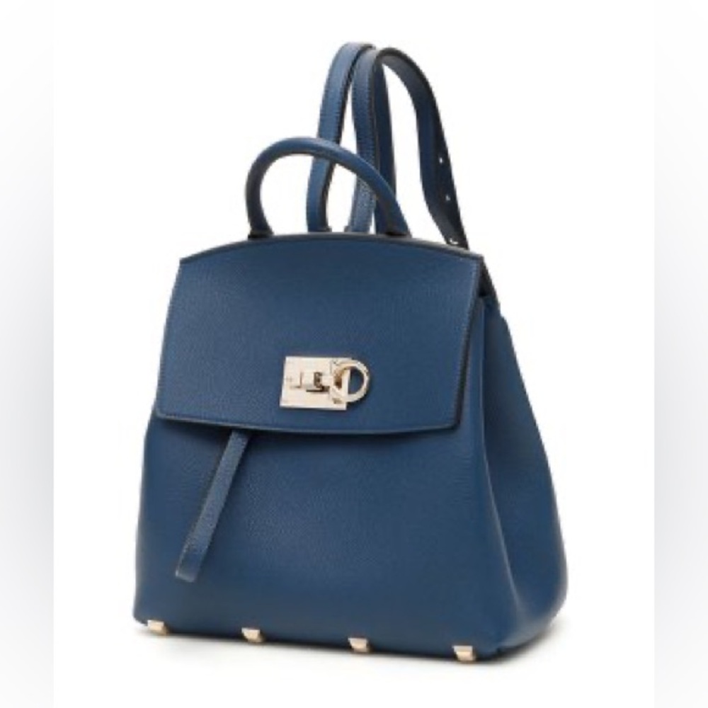 🔥🔥🔥Authentic Salvatore Ferragamo The Studio Blue Leather Studded Backpack - Picture 2 of 16